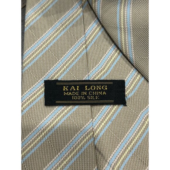 Kai Long Striped Silk Tie Beige Blue Adjustable Fit Lightweight Formal Career - Picture 4 of 6